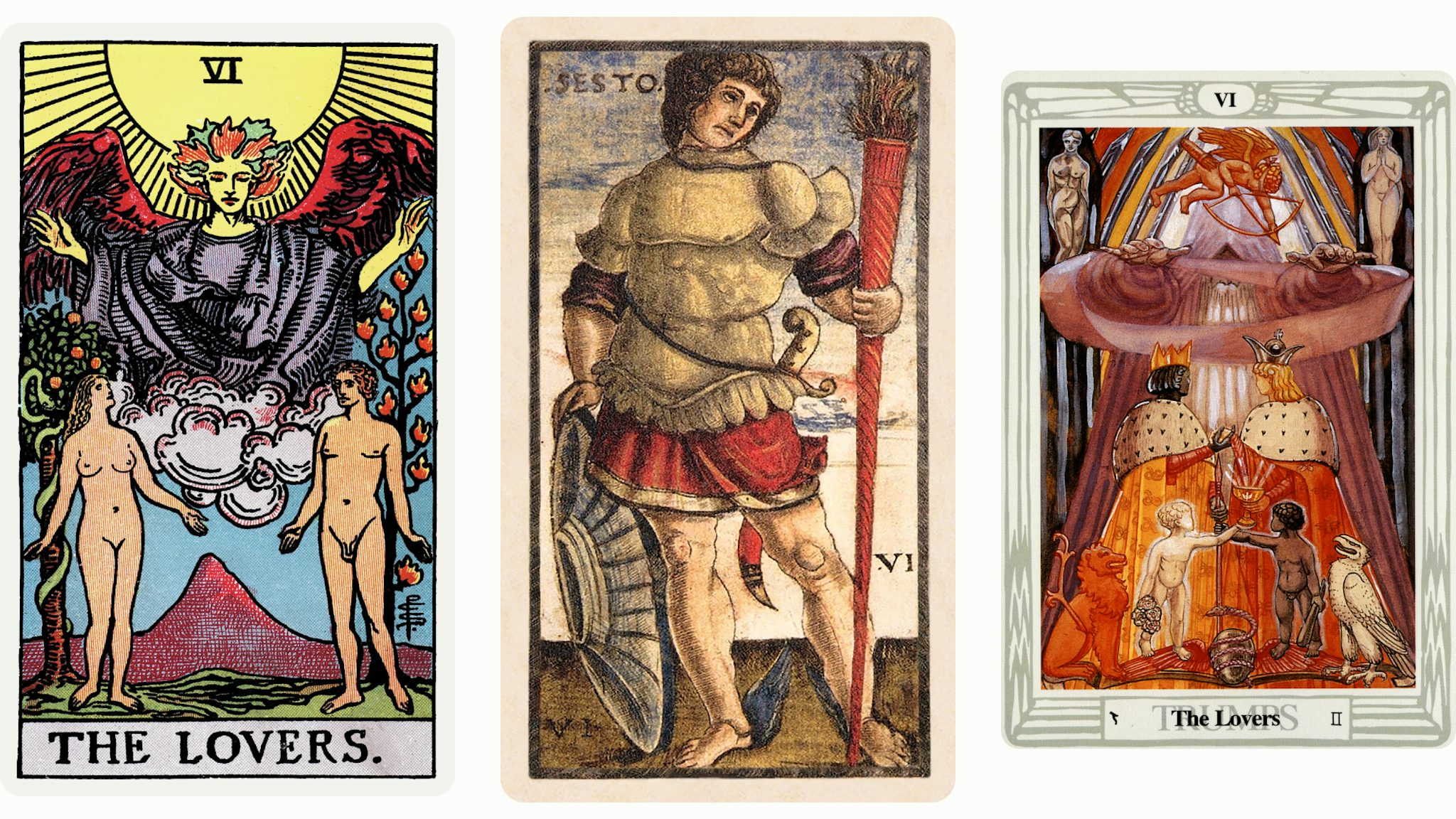 Три варианта карты Таро «Влюбленные», слева направо: классическая колода Райдера-Уэйта-Смит, старинная итальянская Сола-Буска и Таро Тота Алистера Кроули.