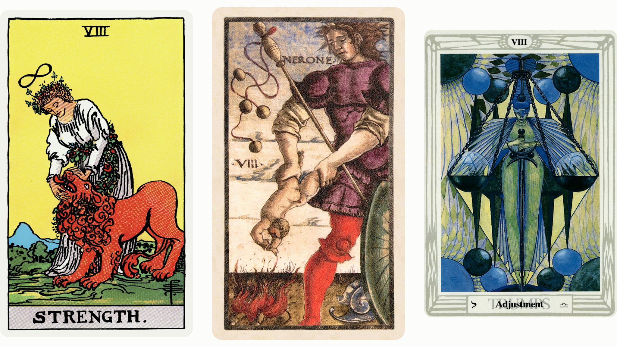 Три варианта карты Таро «Сила», слева направо: классическая колода Райдера-Уэйта-Смит, старинная итальянская Сола-Буска и Таро Тота Алистера Кроули.
