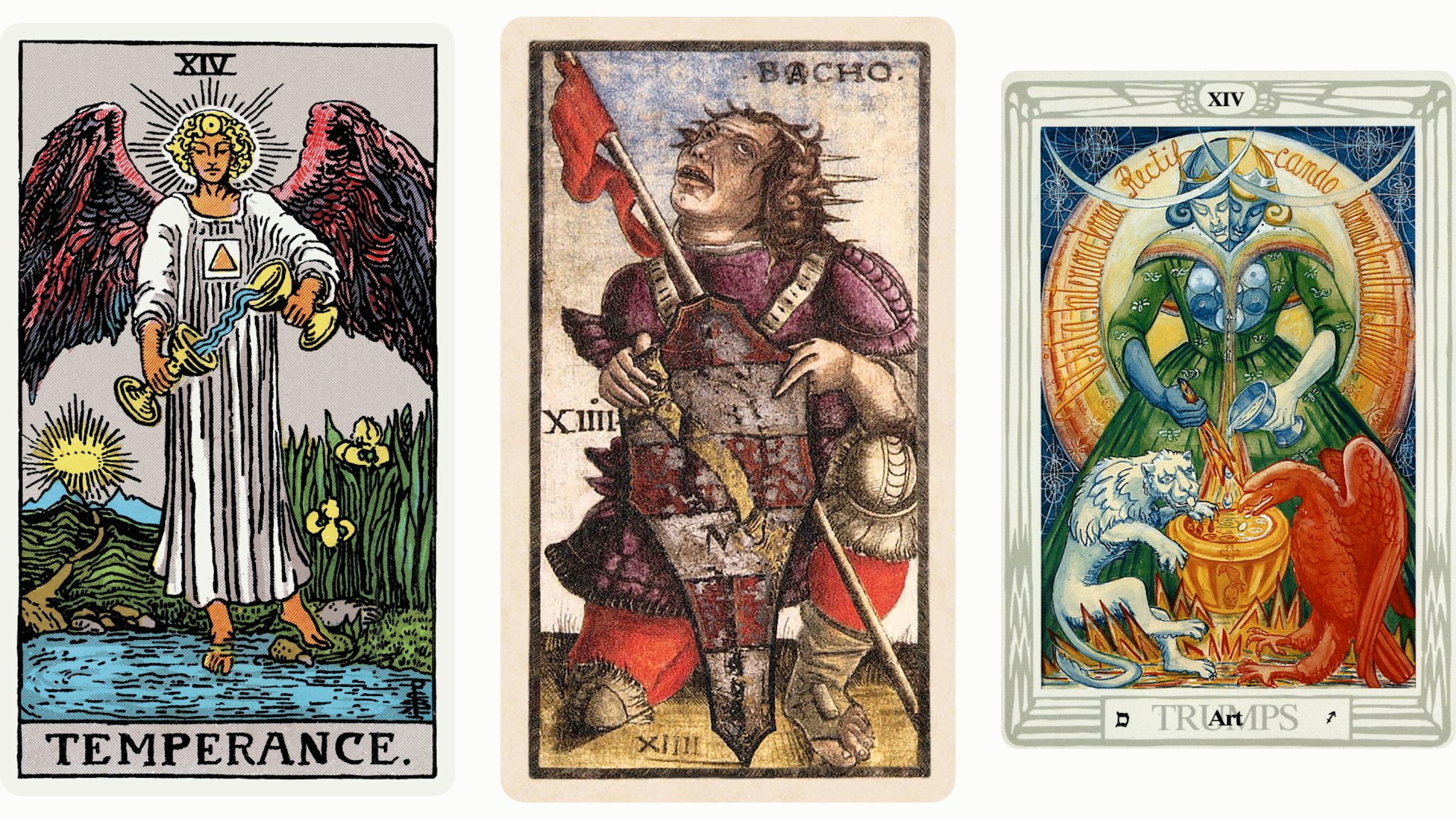 Три варианта карты Таро «Умеренность», слева направо: классическая колода Райдера-Уэйта-Смит, старинная итальянская Сола-Буска и Таро Тота Алистера Кроули.
