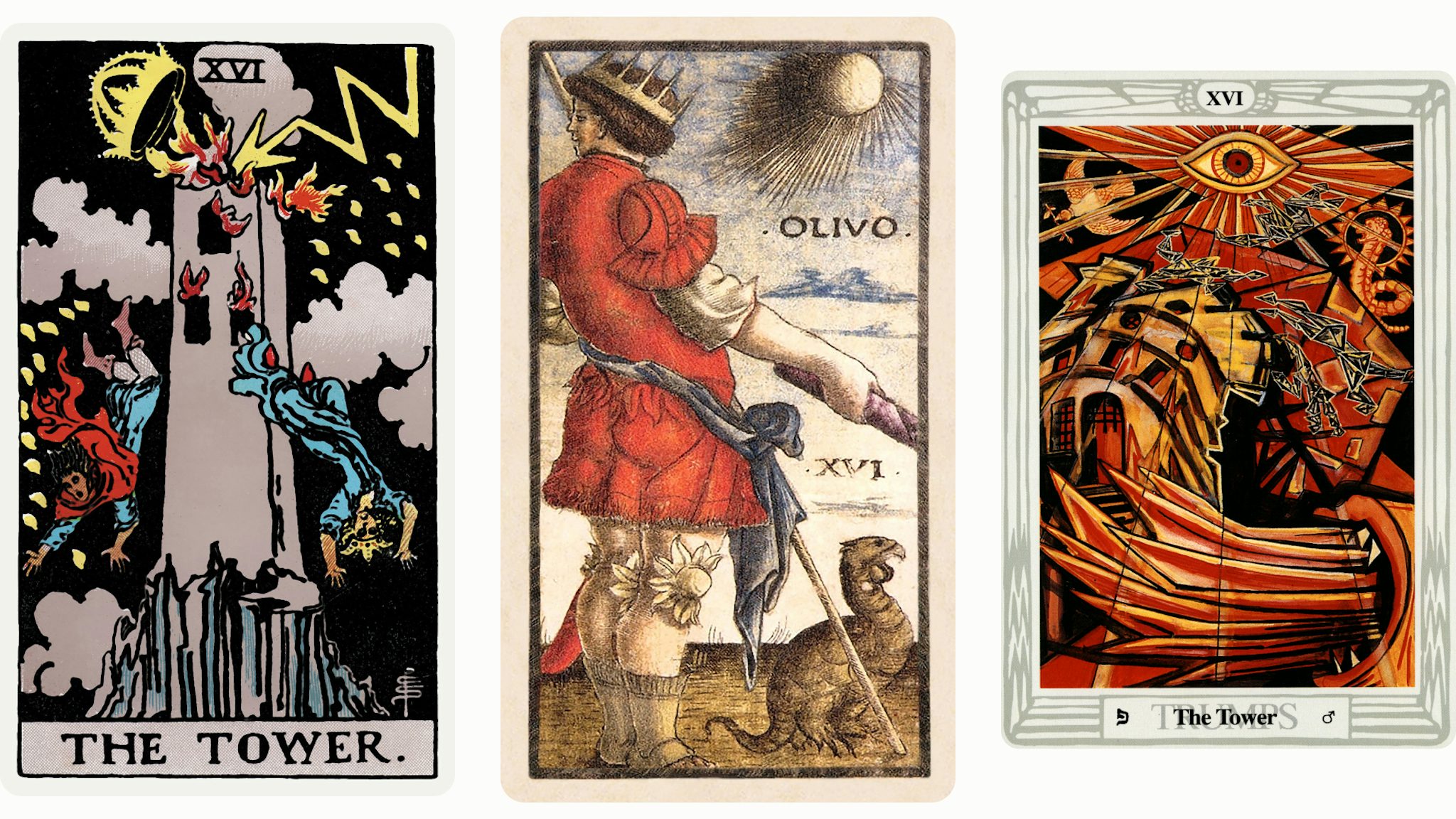 Три варианта карты Таро «Башня», слева направо: классическая колода Райдера-Уэйта-Смит, старинная итальянская Сола-Буска и Таро Тота Алистера Кроули.